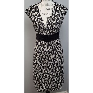 Wrapper Dress Women Large Black White Floral Empire Waist Cap Sleeve Faux V Neck